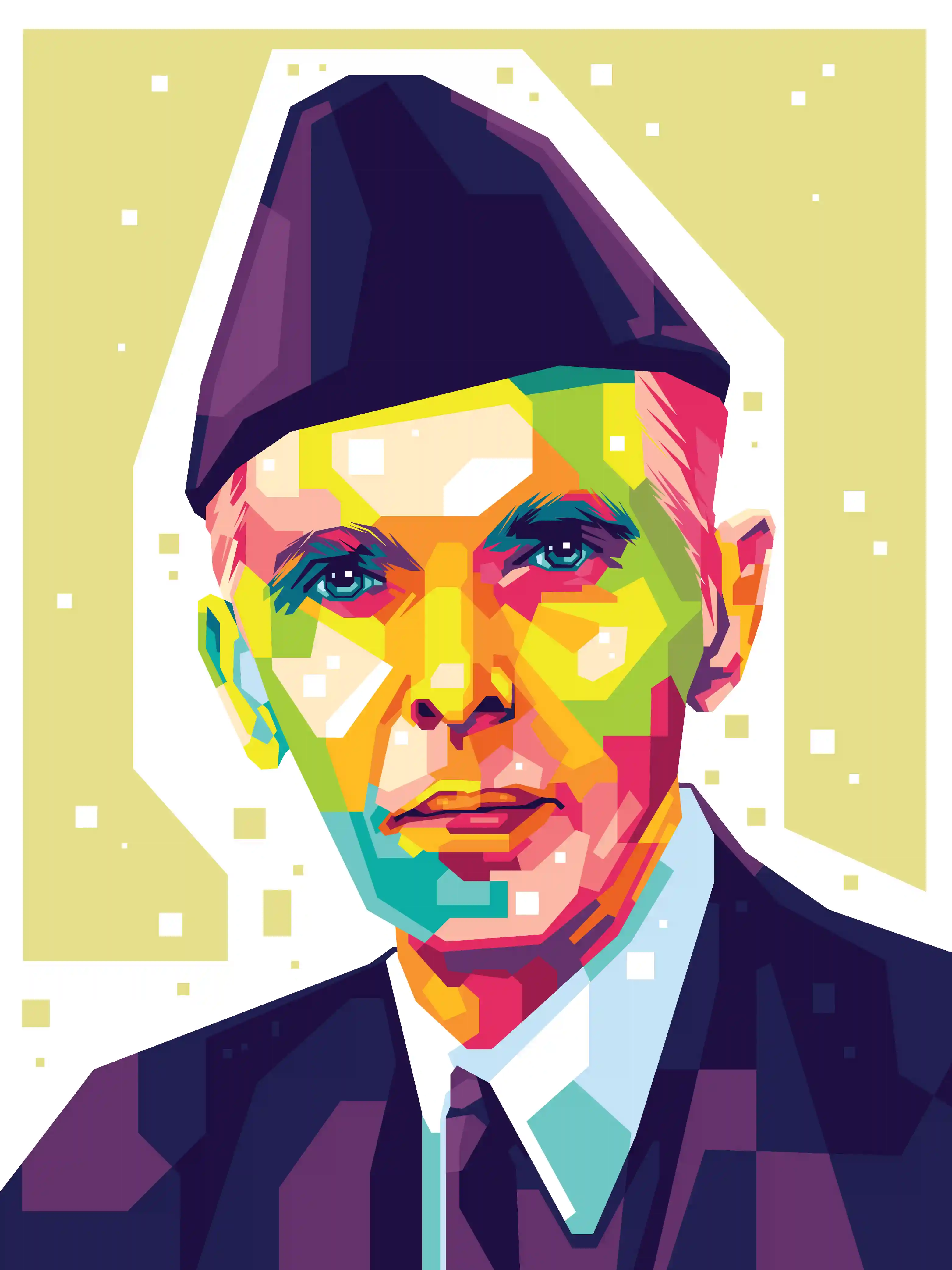 WPAP style portrait of a man in a flat cap.